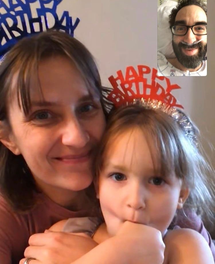 Aimee Gilmore celebrating her birthday with her daughter and husband over FaceTime, while her husband recovered from COVID-19 in the hospital. 