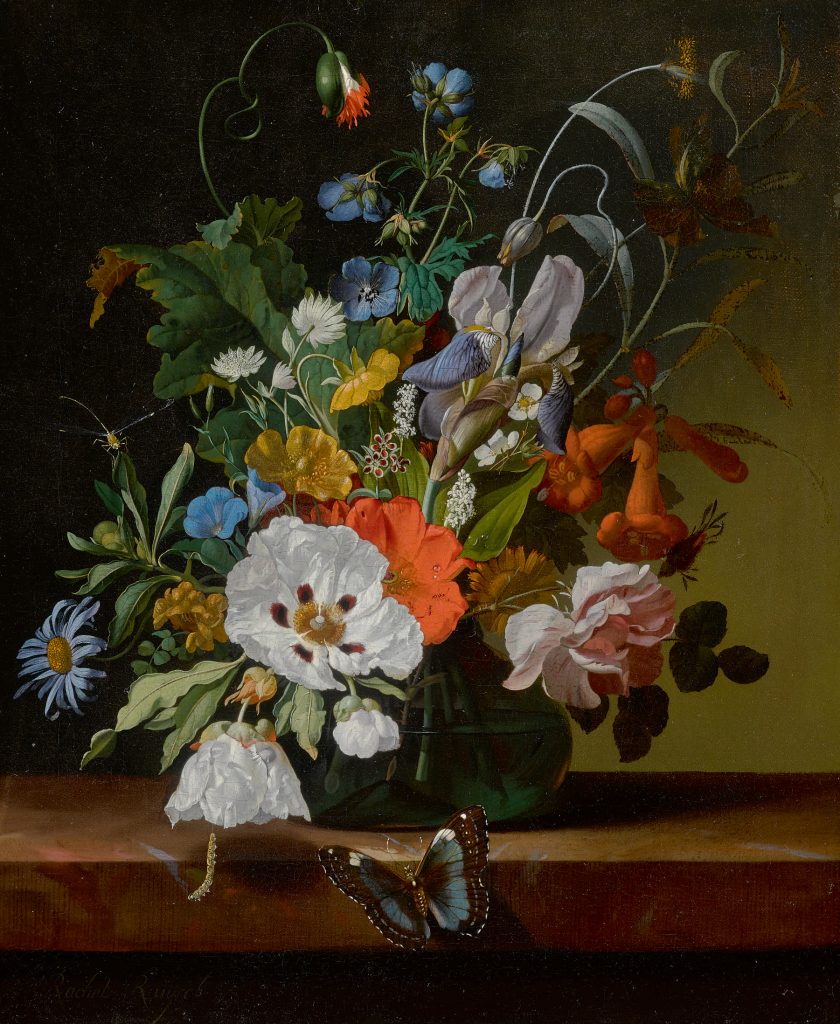 Rachel Ruysch, Still life with flowers in a vase on a ledge with a dragonfly, caterpillar, and butterfly (1698).