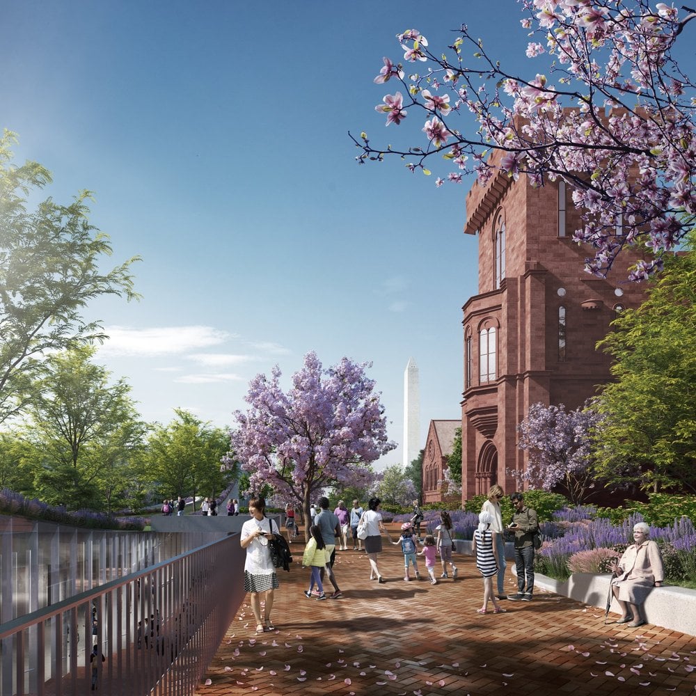 Some elements of Bjarke Ingels's $2 billion masterplan for the Smithsonian's south campus, including a futuristic redesign for the underground Quadrangle that would have replaced the Enid A. Haupt Garden that currently serves as the building's roof, had already been jettisoned. Rendering by Brick Visual, courtesy of Bjarke Ingels Group.