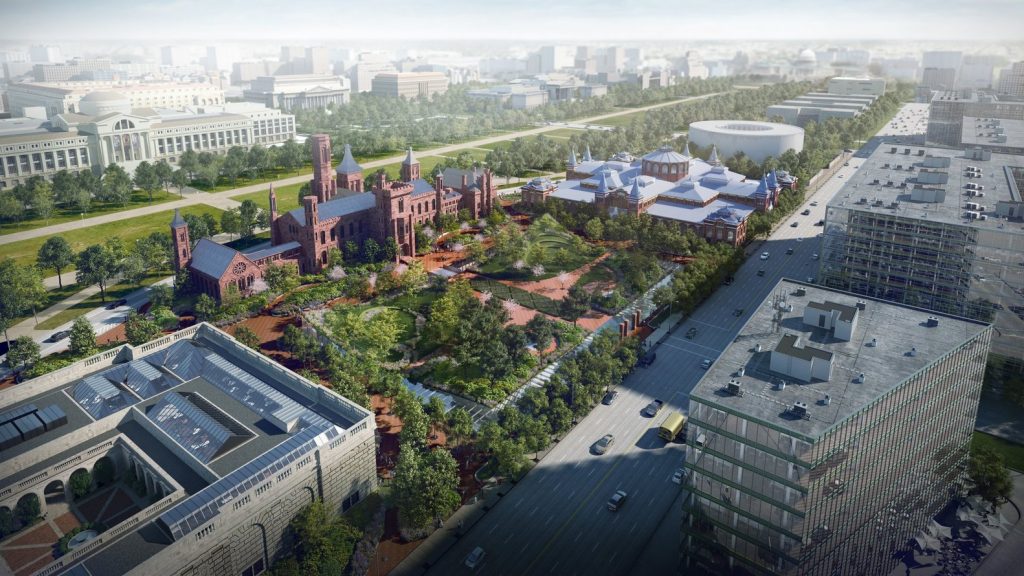 Some elements of Bjarke Ingels's $2 billion masterplan for the Smithsonian's south campus. Rendering by Brick Visual, courtesy of Bjarke Ingels Group.