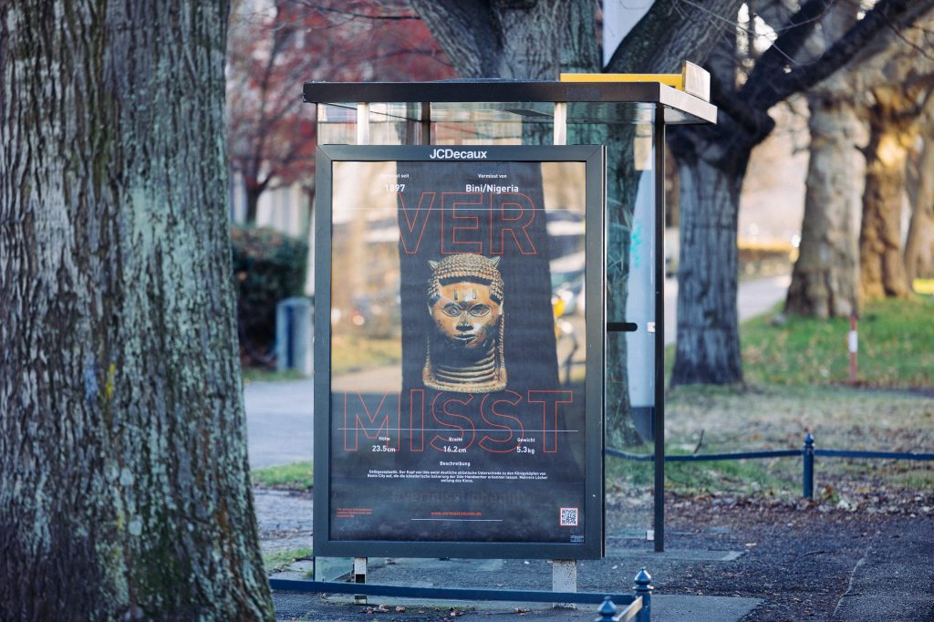 A "missing" poster in Dresden for one of the Benin Bronzes. The posters are a project by Emeka Ogboh. Photo: Oliver Killig.