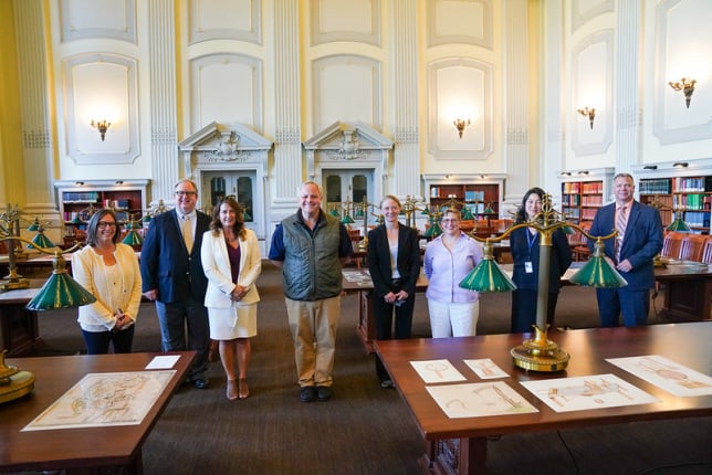 Task Force Members Secretary David Bernhardt, Chairman Aimee Jorjani and Executive Director Chuck Laudner tour the Wisconsin Historical Society Library in Madison to discuss the rebuilding of damaged statues. Photo by Tami Heilemann courtesy of the Department of the Interior.