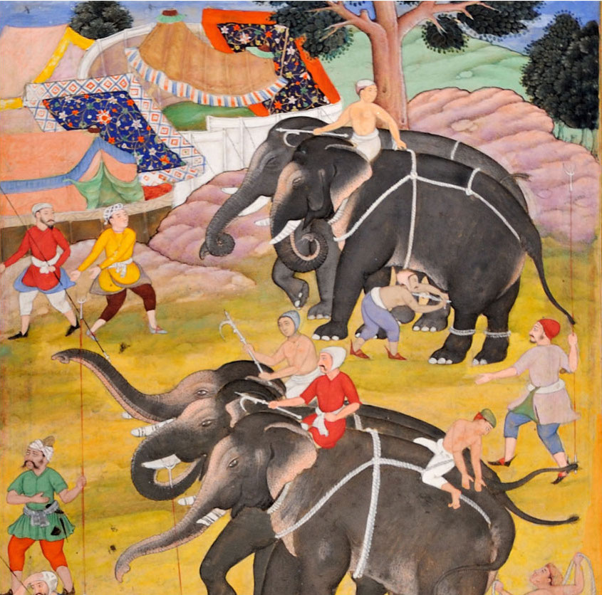 Akbarnama, Mughal India, <em>A party of hunters returning to camp</em> (1603–04), detail. Courtesy of the British Library-Chester Beatty Library.
