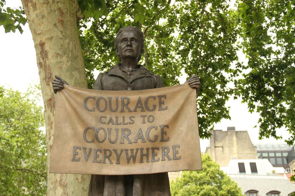 Gillian Wearing's statue of Dame Millicent Fawcett in Parliament Square, London. Photo by David Mbiyu/SOPA Images/LightRocket via Getty Images.