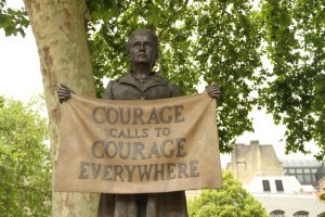 Gillian Wearing's statue of Dame Millicent Fawcett in Parliament Square, London. Photo by David Mbiyu/SOPA Images/LightRocket via Getty Images.