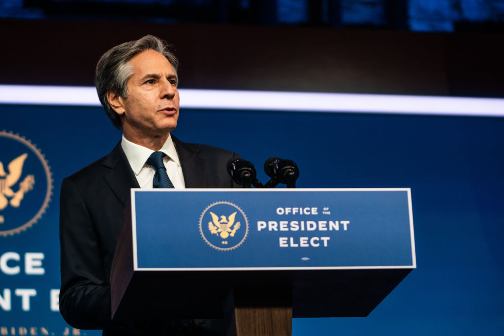 Antony Blinken on stage during President-elect Joe Biden's introduction of his cabinet nominees on November 24, 2020. and John Kerry as Special Presidential Envoy for Climate. (Photo by Demetrius Freeman/The Washington Post via Getty Images)