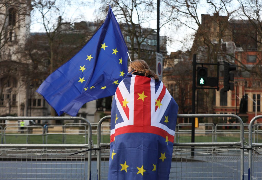 A pro-European Union protester outside the Houses of Parliament in London. Photo: Luciana Guerra/PA Images via Getty Images.