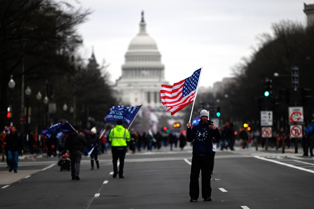 Supporters of US President Donald Trump protest outside the US Capitol on January 6, 2021, in Washington, DC. Photo by Andrew Caballero-Reynolds/AFP via Getty Images.