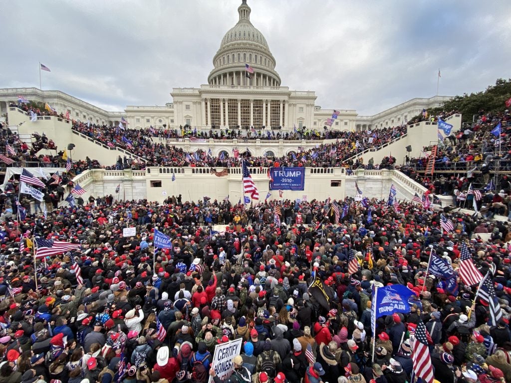 US President Donald Trumps supporters invade the Capitol building in Washington, DC, on January 06, 2021. Photo by Tayfun Coskun/Anadolu Agency via Getty Images.