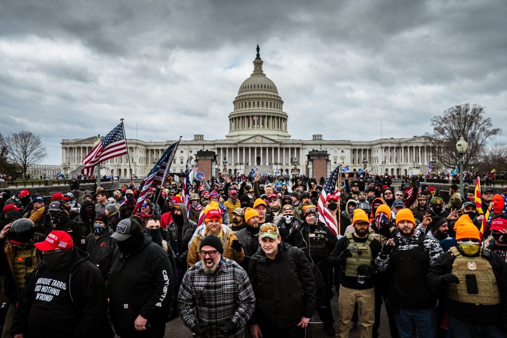 Pro-Trump protesters gather in front of the U.S. Capitol Building on January 6, 2021, in Washington, DC. Photo by Jon Cherry/Getty Images.