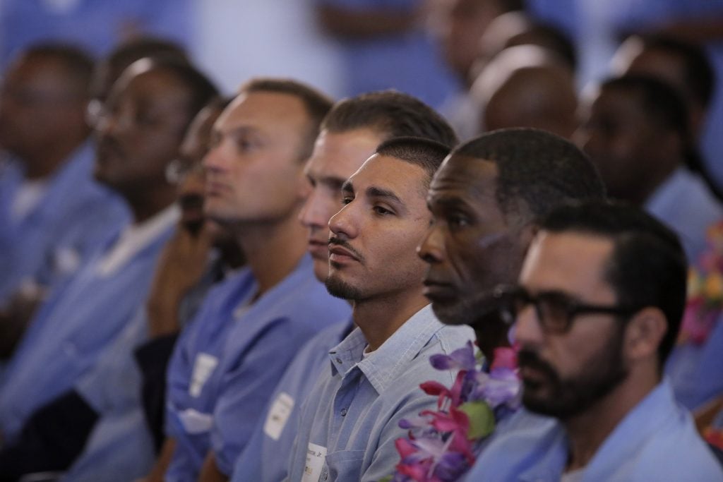 Inmates listen to graduates of San Quentin Prison's The Last Mile program (Photo by Michael Macor/San Francisco Chronicle via Getty Images)