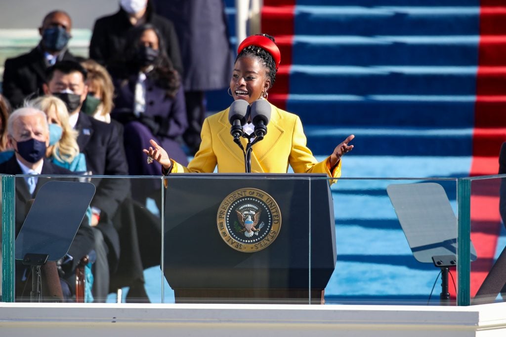Youth Poet Laureate Amanda Gorman speaks at the inauguration of US President Joe Biden on the West Front of the US Capitol on January 20, 2021 in Washington, DC, for the inauguration ceremony of President Joe Biden. Photo by Rob Carr/Getty Images.