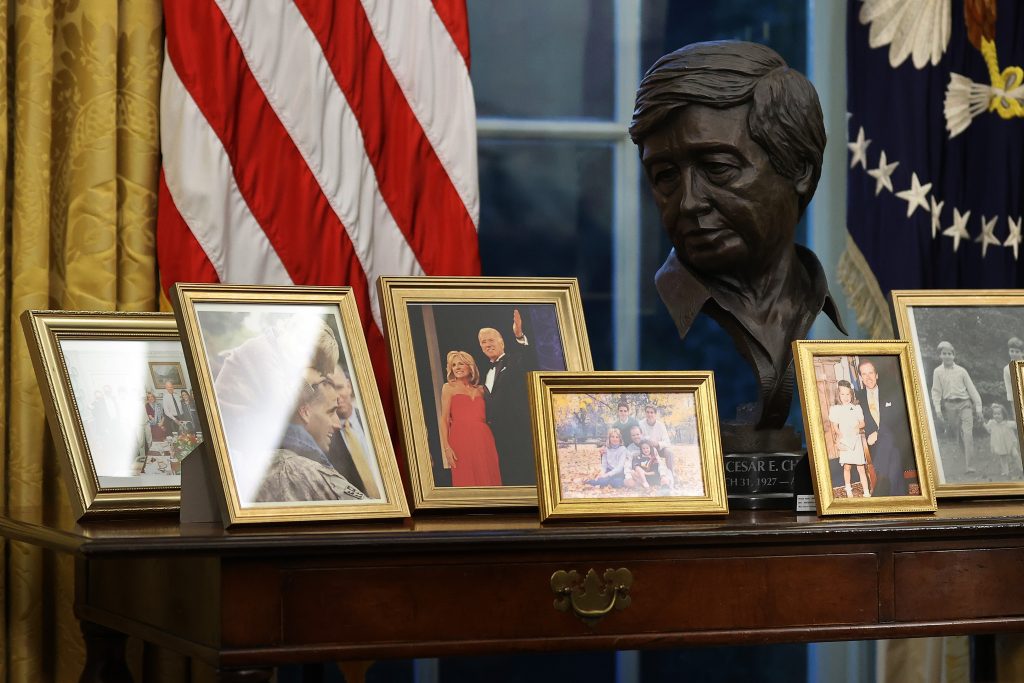 President Joe Biden has added Paul Saurez's bust of the late Mexican American agricultural labor leader Cesar Chavez to the Oval Office. Photo by Chip Somodevilla/Getty Images.
