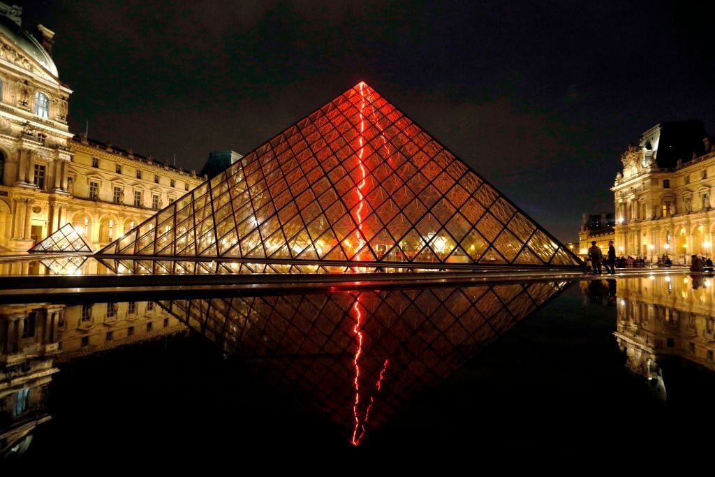 An installation by French artist Claude Leveque at the Pyramid du Louvre in Paris. (FRANCOIS GUILLOT/AFP via Getty Images)