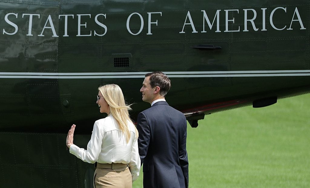Jared Kushner and Ivanka Trump leave the White House for Camp David. Photo by Chip Somodevilla/Getty Images.