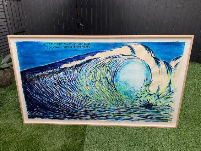 The Pettibon work allegedly taken from the artist's studio, with text at top left. Photo courtesy a tipster.
