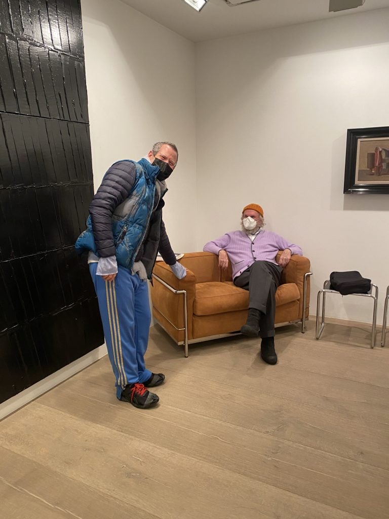 The masked crusader Karsten Greve, with one of his Pierre Soulages. He’s never not working, a trait I admire and aspire to. Courtey of Kenny Schachter.
