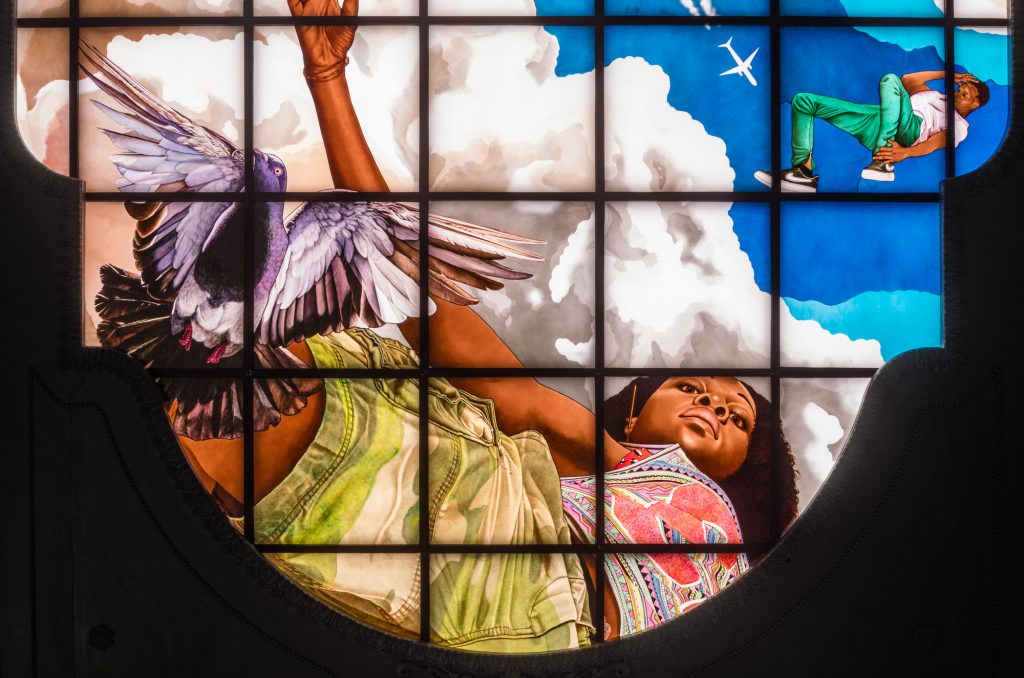 Kehinde Wiley, <em>Go</em> (2020) at Penn Station's new Moynihan Train Hall in New York. Photo by Nicholas Knight, courtesy of Sean Kelly, New York; Empire State Development; and Public Art Fund, New York.