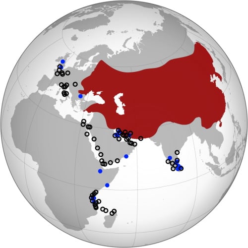 The distribution of archaeological and textual evidence for the presence of medieval Chinese pottery (black open circles) and coins (blue dots) west of India, set against the maximum extent of the Mongol Empire in the late thirteenth century in red; the map is based on Whitehouse 1972, Cribb and Potts 1996, Vigano 2011, Vigano 2014, Zhao 2015, Meicun and Zhang 2017, Василев 2017. Image by Caitlin Green.