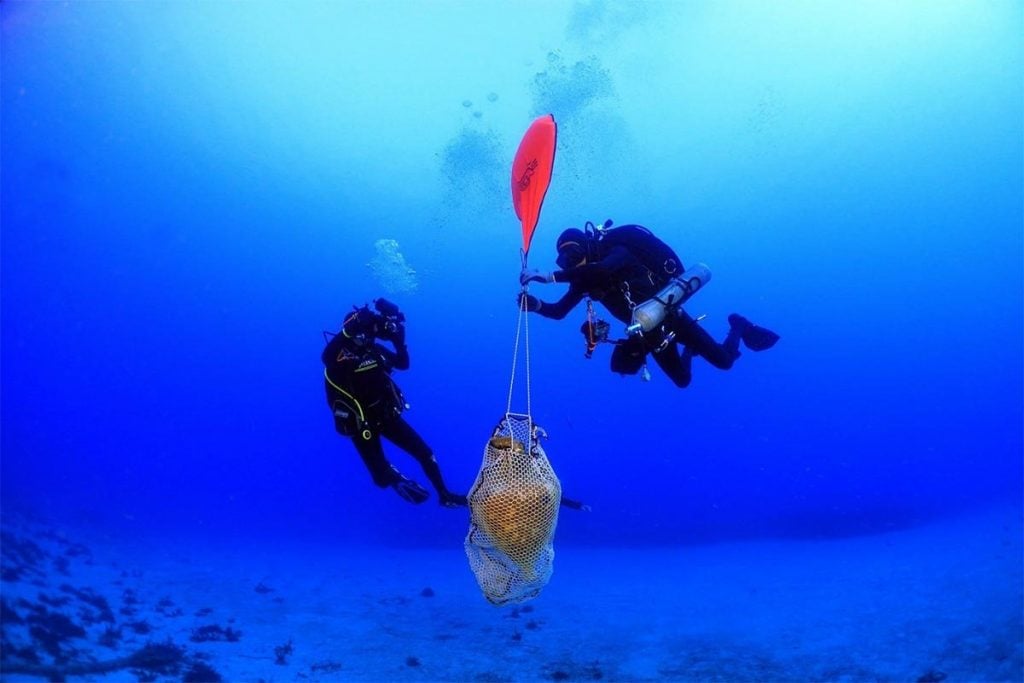 Recovering a Mendean amphora from a Roman shipwreck off Kasos Island. Photo by Nikos Koukoulas, courtesy of the Kasos Maritime Archaeological Project and the Greek Ministry of Culture and Sports.