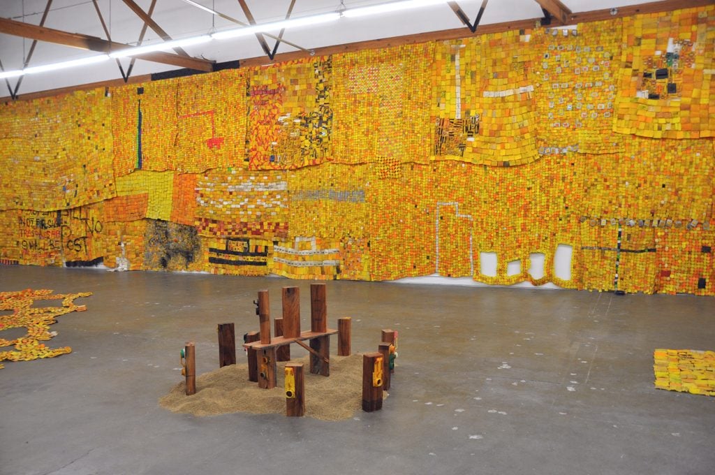 "Serge Attukwei Clottey: Routes," installation view, the Mistake Room, Los Angeles, 2019. Photo courtesy of the Mistake Room.
