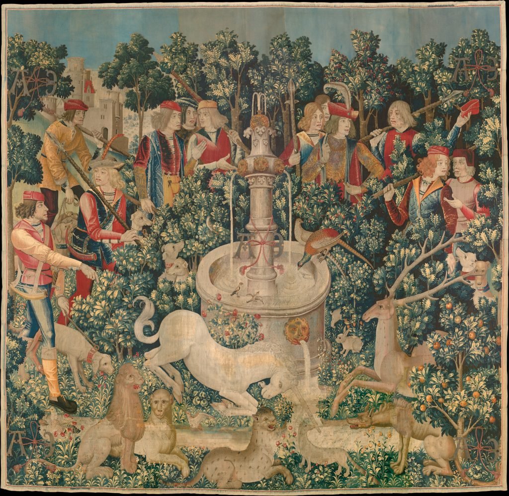 A classic Flemish mille-fleurs tapestry "The Triumph of Death, or the Three Fates" (circa 1510–20).