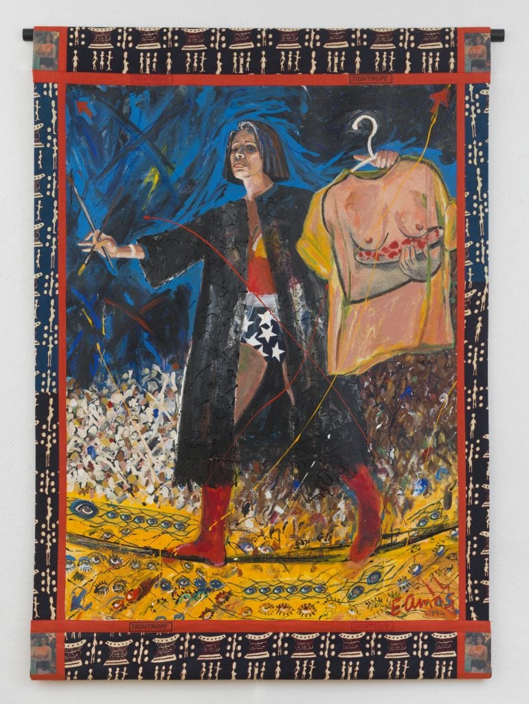 Emma Amos, <em>Tightrope</em> (1994). Courtesy of the Minneapolis Institute of Art gift of funds from Mary and Bob Mersky and the Ted and Dr. Roberta Mann Foundation Endowment Fund.