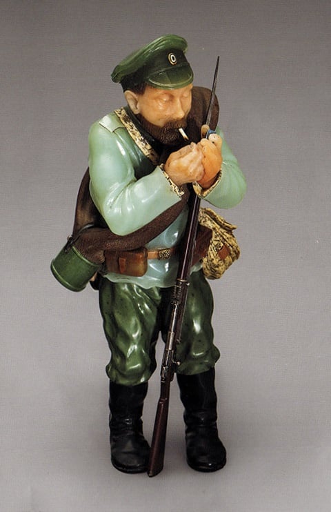 This soldier figurine, which is being shown at the Hermitage as genuine Fabergé, has been dismissed by the director of the Fersman Mineralogical Museum in Moscow as a “low-quality modern replica” of Fabergé’s Soldier of the Reserve (1915) in his museum.