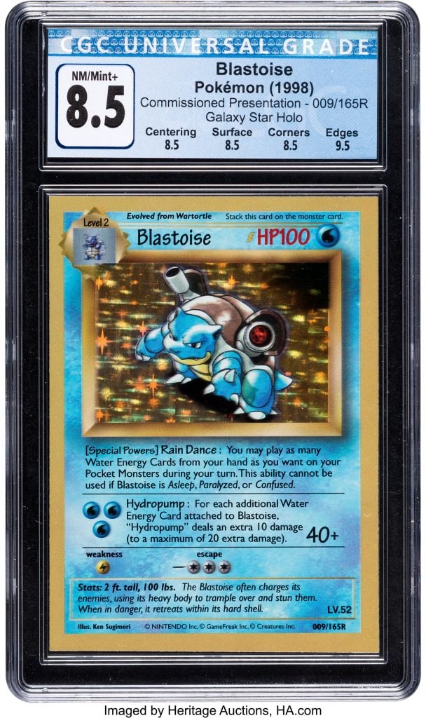 One of the first English-language Pokémon cards ever produced, a Blastoise foil card with a blank back, has sold for $360,000 at Heritage Auctions, Dallas. Photo courtesy of Heritage Auctions, Dallas.