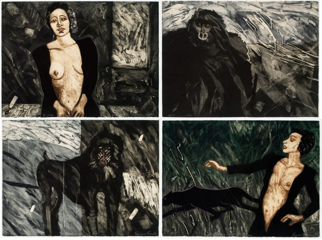 Emma Amos, <em>Creatures of the Night</em> (1985). Collection of the Amos family, courtesy RYAN LEE Gallery, New York.