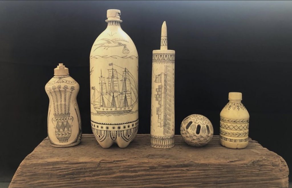 Duke Riley "scrimshaw" sculptures made from discarded plastic. Photo courtesy of Praise Shadows Art Gallery, Boston. 