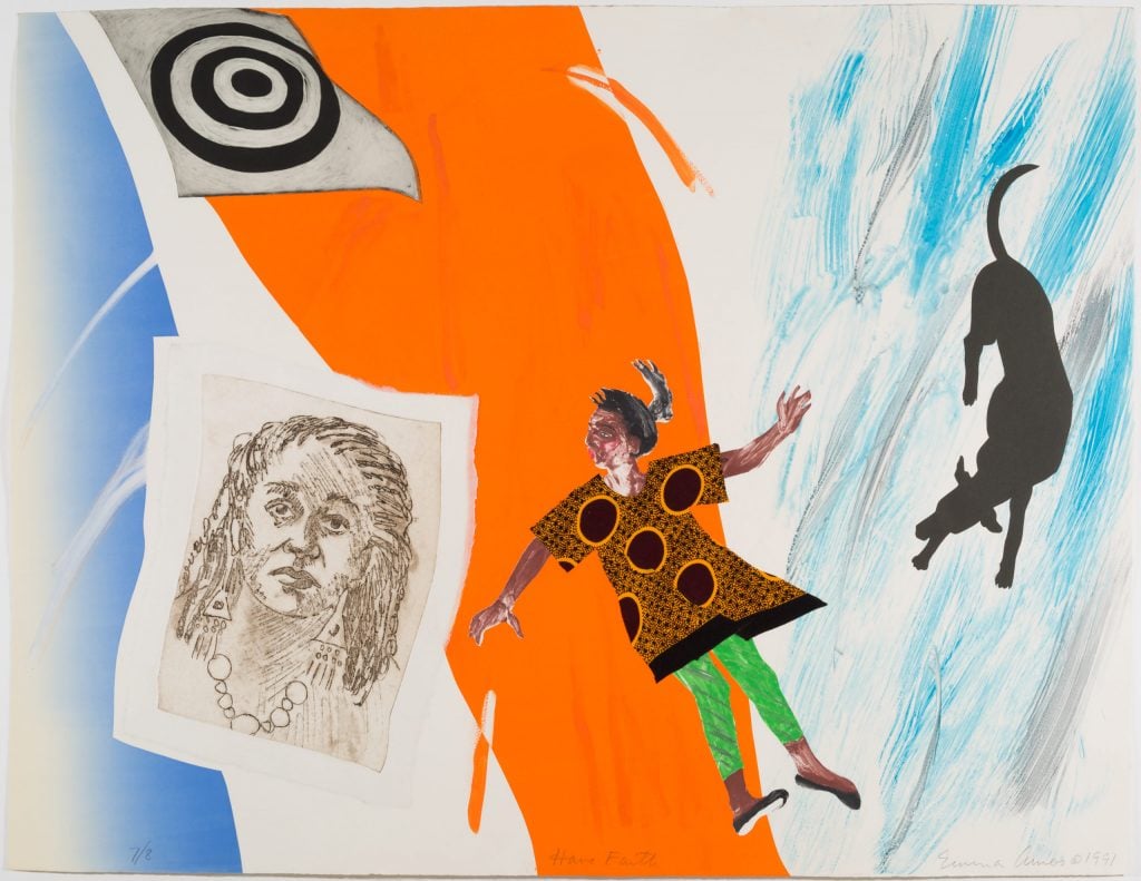 Emma Amos, <em>Have Faith</em> (1991). Courtesy of the collection of the Herbert F. Johnson Museum of Art, Cornell University; acquired through the Truman W. Eustis III, Class of 1951, Fund, and through the generosity of the Class of 1951, 2017. Image courtesy of the Johnson Museum.