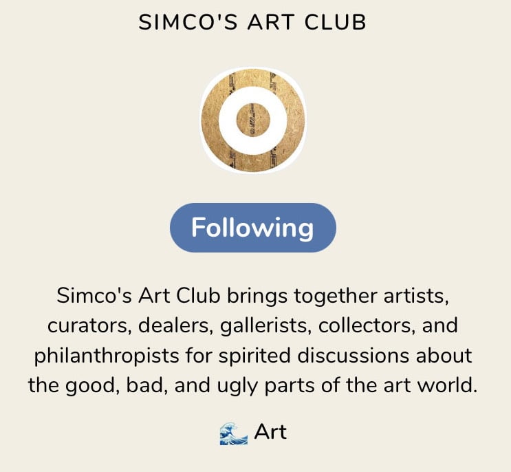 A screenshot from Clubhouse of Simco's Art Club.