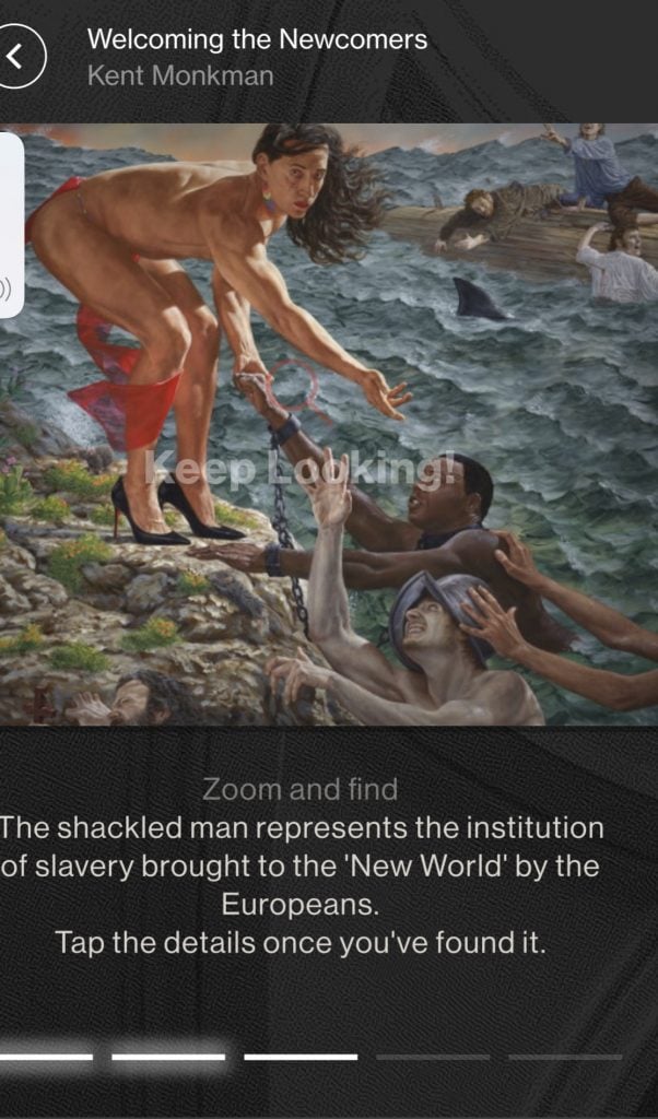 One of the steps in the game associated with Kent Monkman's <em>Welcoming the Newcomers</em>.