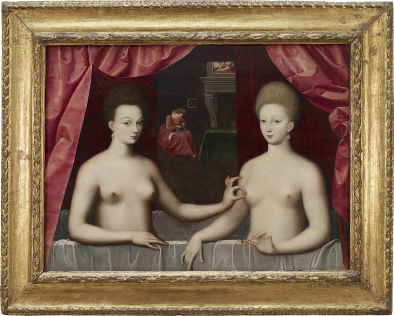 Gabrielle d’Estrées and One of Her Sisters, anonymous, 16th century. Collection of the Louvre.