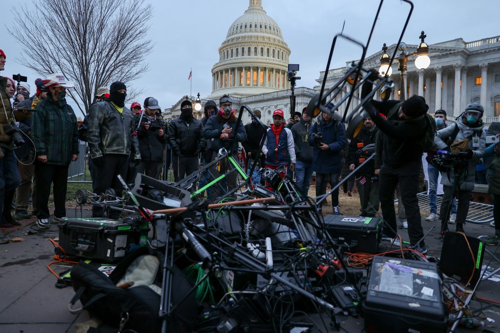 Pro-Trump rioters who stormed the US capitol in Washington, DC, on January 06, 2021, damaged media crews' equipment. Photo by Tayfun Coskun/Anadolu Agency via Getty Images.