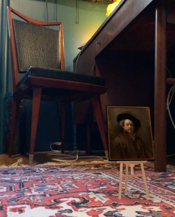 Rembrandt <em>Self-Portrait</em> "augmented" into the form of a tiny easel painting on the floor.