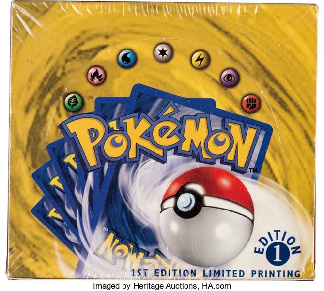 This Pokémon First Edition Base Set Sealed Booster Box (Wizards of the Coast, 1999) set a world record with a $408,000 sale at Heritage Auctions, Dallas. Photo courtesy of Heritage Auctions.