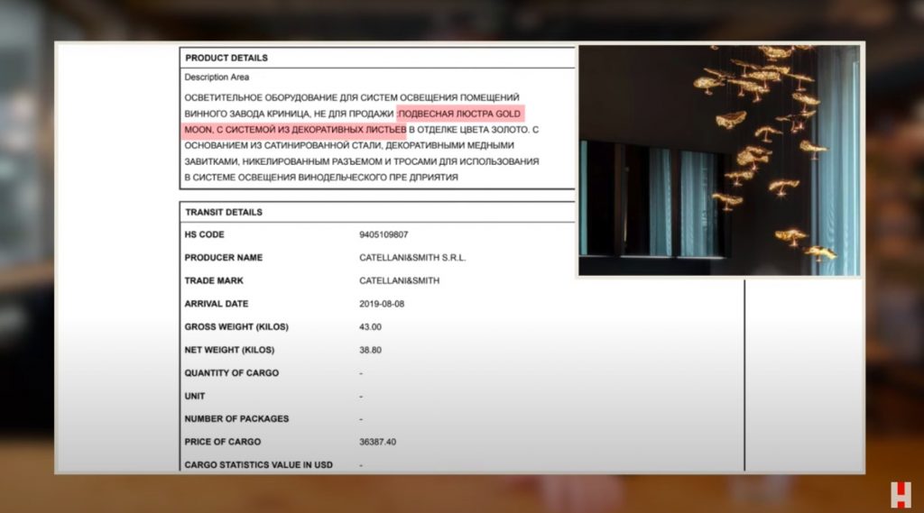 Screenshot of import license for Gold Moon chandelier, as seen in <em>Putin's Palace</em>.