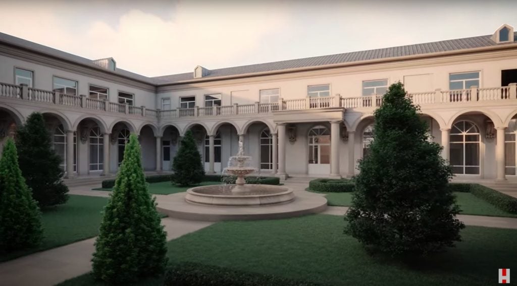 Digital reconstruction of the courtyard of 'Putin's Palace,' as seen in a January 17 YouTube video posted by Alexei Navalny.