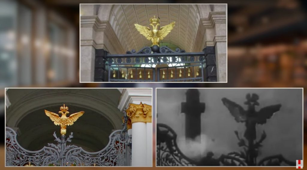 Screenshot from <em>Putin's Palace</em>, comparing the crowned eagle from the Black Sea property with the crowned eagle on the gates of the Hermitage Museum (formerly the Winter Palace) and a still from Sergei Eisensetein's <em>October</em>.