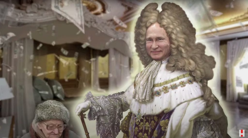 Vladimir Putin depicted as Louis XIV in the YouTube video <em>Putin's Palace</em>.