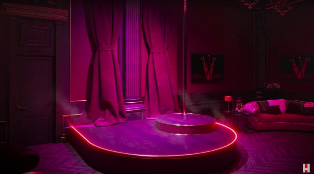 A digital recreation of a hookah lounge, with retractable stripper pole, as depicted in <em>Putin's Palace</em>.