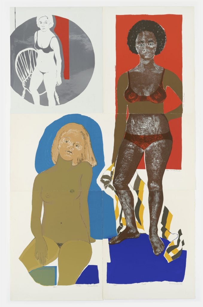 Emma Amos, <em>3 Ladies</em> (1970). Courtesy of the Philadelphia Museum of Art, purchased with the John D. McIlhenny Fund, 2019.