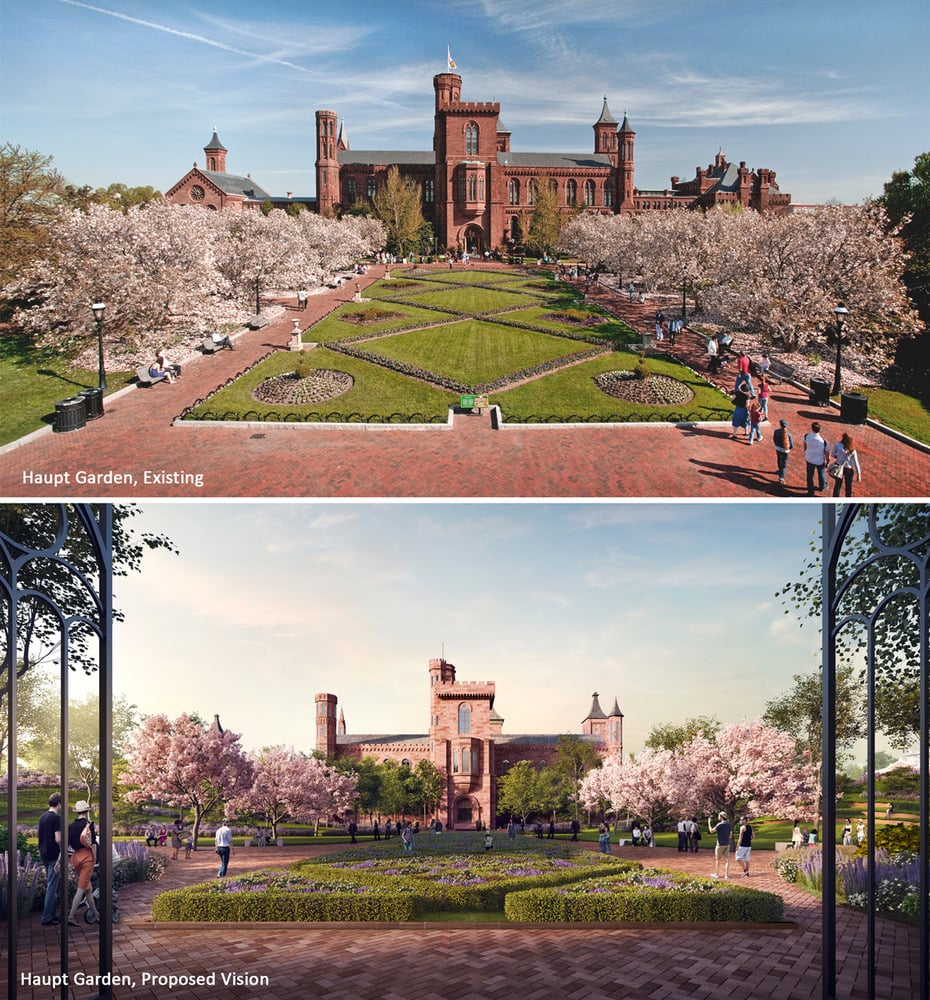 Bjarke Ingels's $2 billion masterplan for the Smithsonian's south campus would have replaced the Enid A. Haupt Garden that currently serves as the Quadrangle building's roof, but after criticism that part of the plan was revised. Rendering by Brick Visual, courtesy of Bjarke Ingels Group.