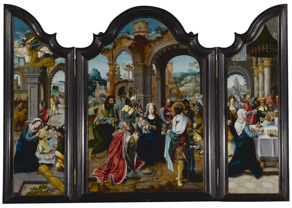 Pieter Coecke Van Aelst’s A triptych: The Nativity, the adoration of the Magi, the presentation of the Temple. Courtesy Sotheby's.