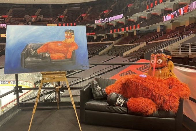 Benjamin Davis's painting of Philadelphia Flyers mascot, Gritty. Photo courtesy of the Philadelphia Flyers.
