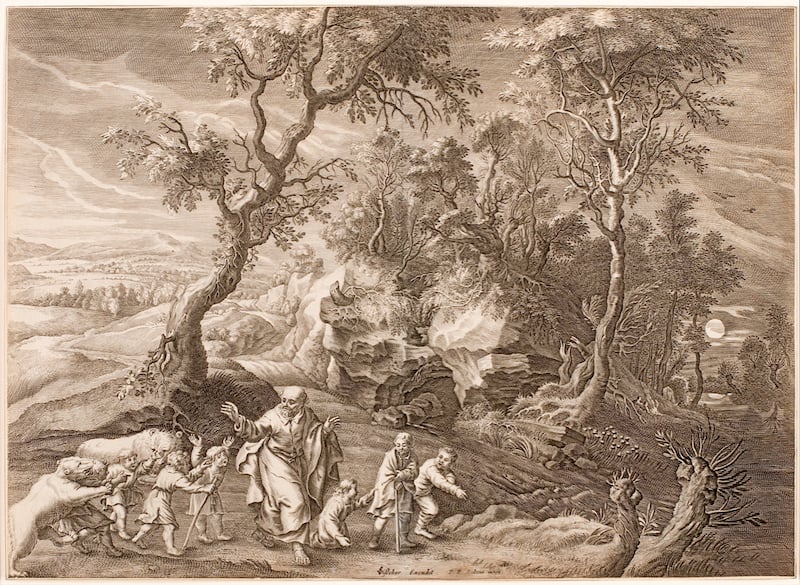 Unknown Netherlandish Artist, Landscape with Elisha Mocked after an engraving by Schelte Bolswert after a painting by Peter Paul Rubens, and after an engraving by Nicolaes Ryckmans after a design by Pieter de Jode I (1640-52). Courtesy of the Blanton Museum of Art.