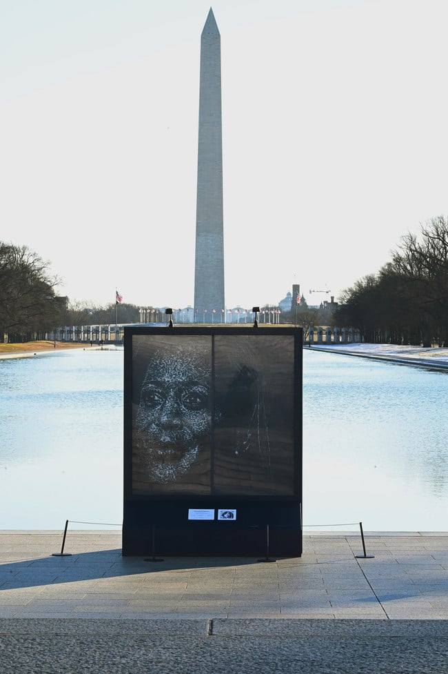Simon Berger, Glass Ceiling Breaker, based on Celeste Sloman's portrait of Vice President Kamala Harris. The art installation on the National Mall in Washington, DC, is presented by the National Women's History Museum, Chief, and BBH New York. Photo by Shannon Finney courtesy of Getty Images for National Women's History Museum and Chief.