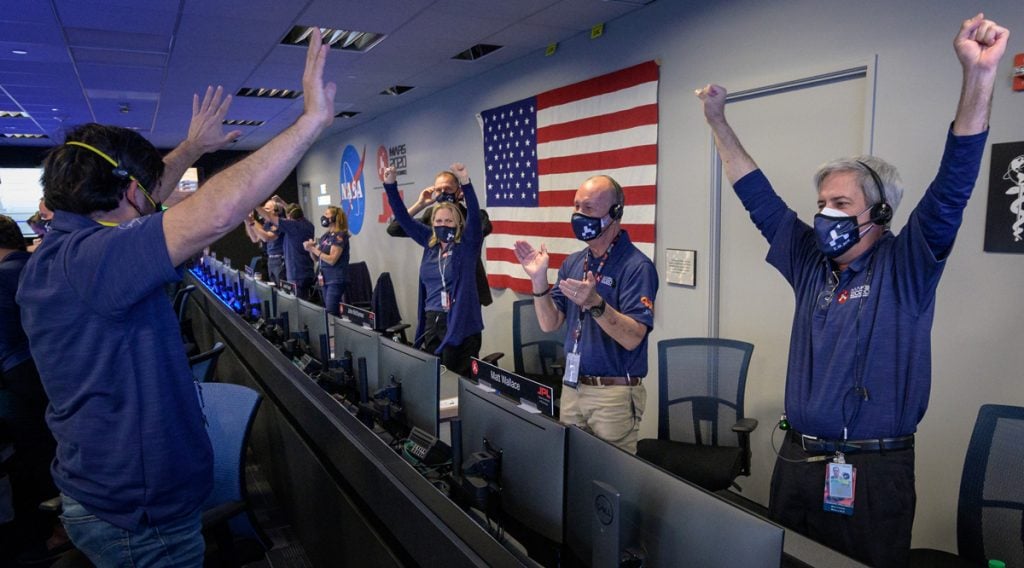 Members of NASA’s Perseverance rover team react in Mission Control after receiving confirmation the spacecraft successfully touched down on Mars, Thursday, Feb. 18, 2021, at NASA's Jet Propulsion Laboratory in Southern California. Photo Bill Ingalls, courtesy NASA.